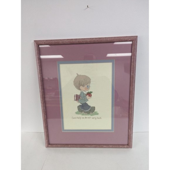Precious Moments Cross Stitch Matted Framed Decor 17 X 20" Boy School Do Best - Picture 1 of 3